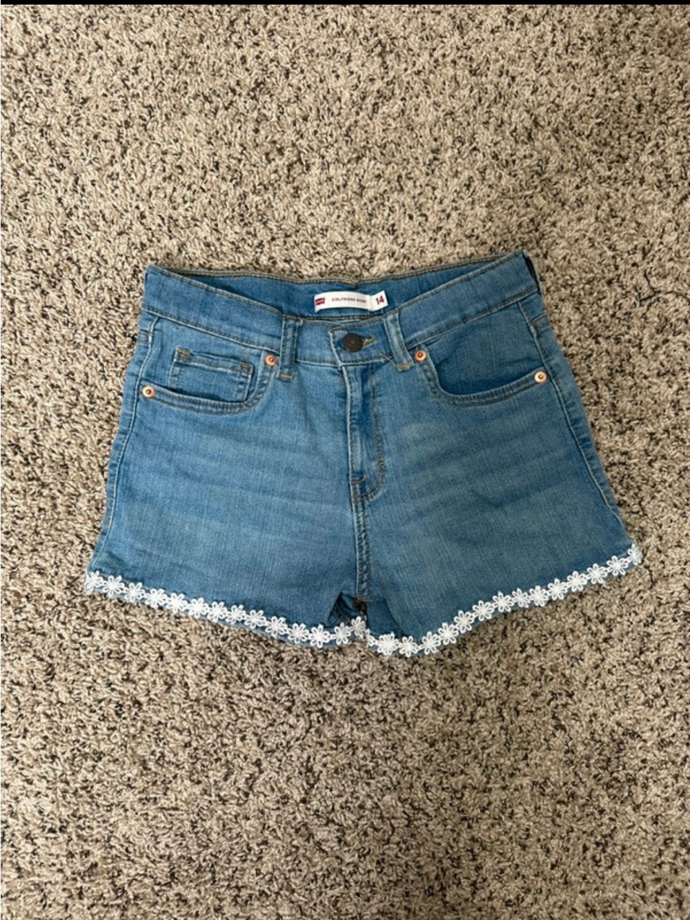 Kids Blue Denim Shorts with White Lace Trim